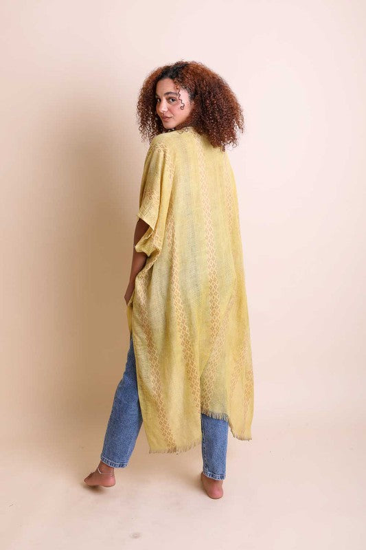 Woven Long Line Tribal Kimono for Women with Short Sleeves and Knee-Length