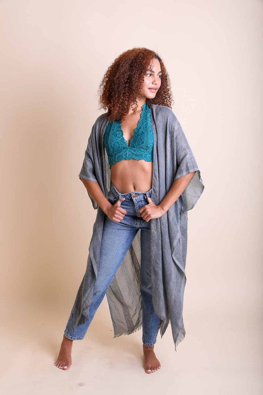 Woven Long Line Tribal Kimono for Women with Short Sleeves and Knee-Length