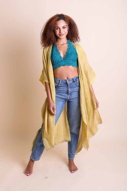 Woven Long Line Tribal Kimono for Women with Short Sleeves and Knee-Length