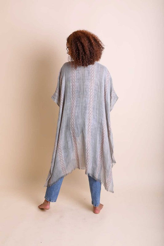Woven Long Line Tribal Kimono for Women with Short Sleeves and Knee-Length