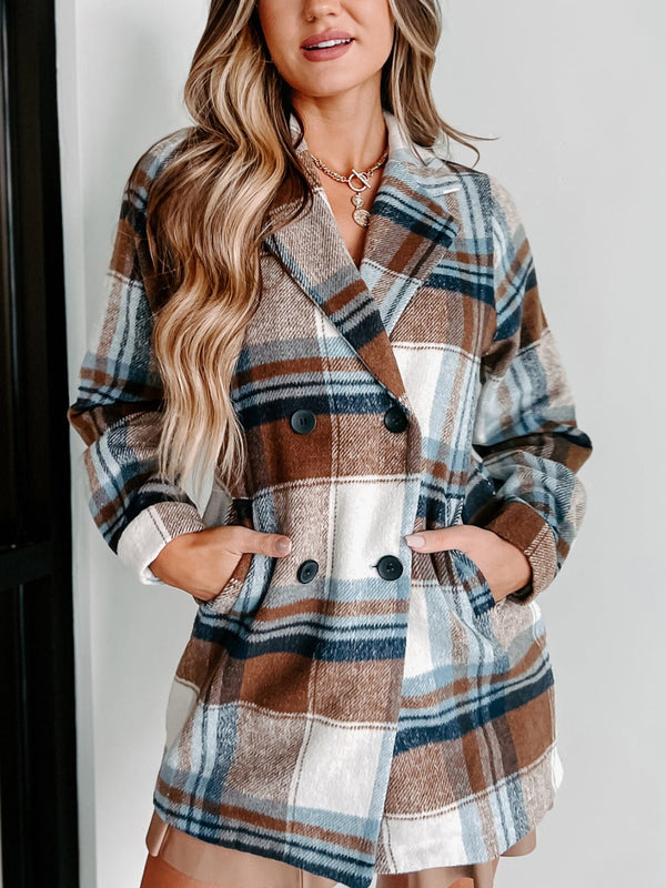 Women's Long Sleeve Double-Breasted Plaid Coat Cardigan Jacket