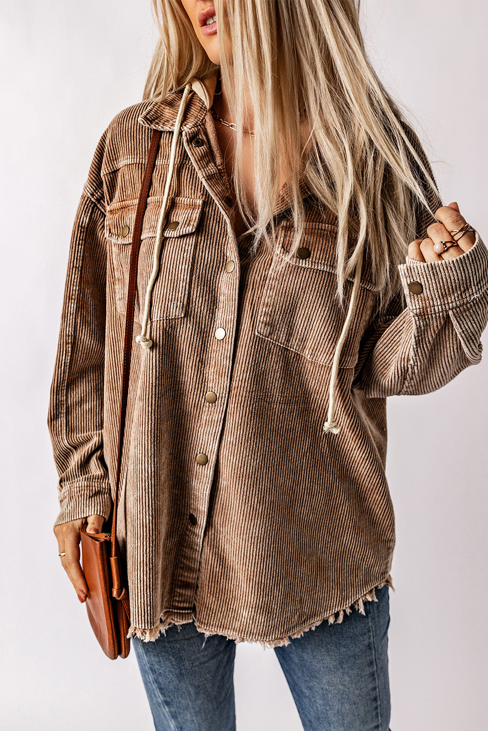 Drawstring Pockets Corduroy Shacket Relaxed Vibe Hooded Cardigan