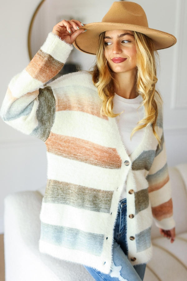 Acrylic Stripe Button Down Fuzzy Cardigan Sweater for Layering