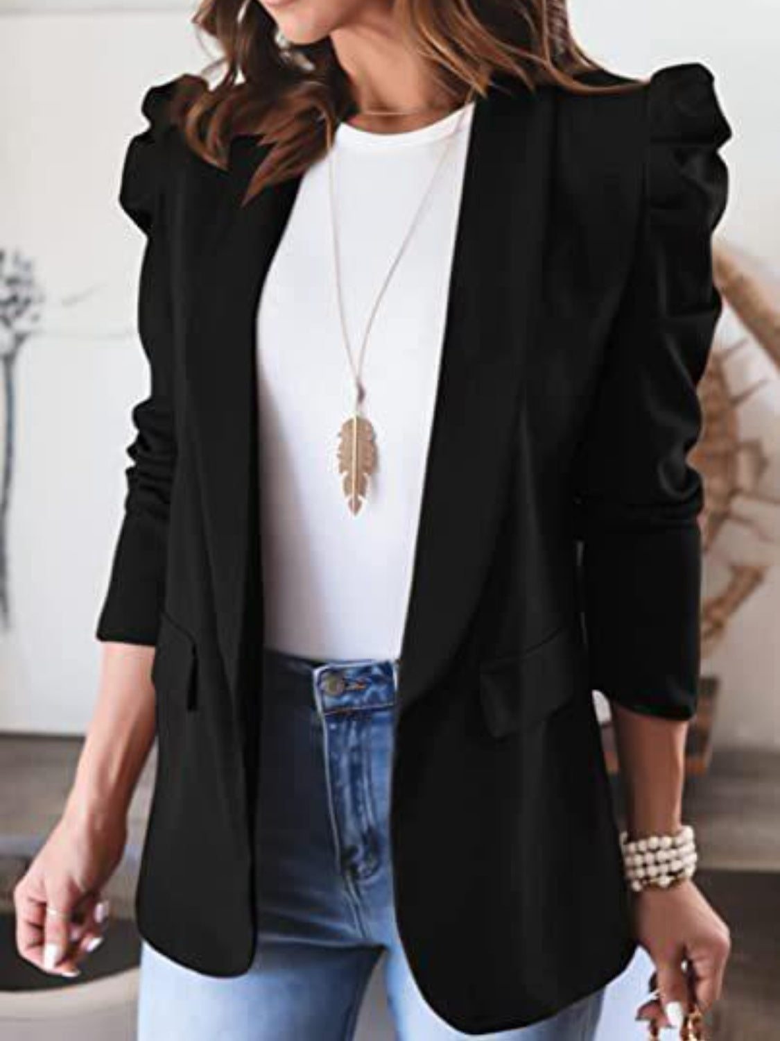 Collared Puff Sleeve Blazer Women's Suit Jacket Cardigan Outwear Tops