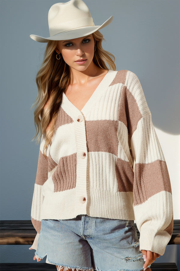 Checkered Dropped Shoulder Cardigan Buttoned Slightly Stretchy Design