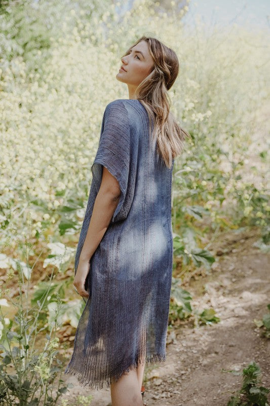 Knee Length Pencil Stripe Lightweight Open Front Kimono with Short Sleeves