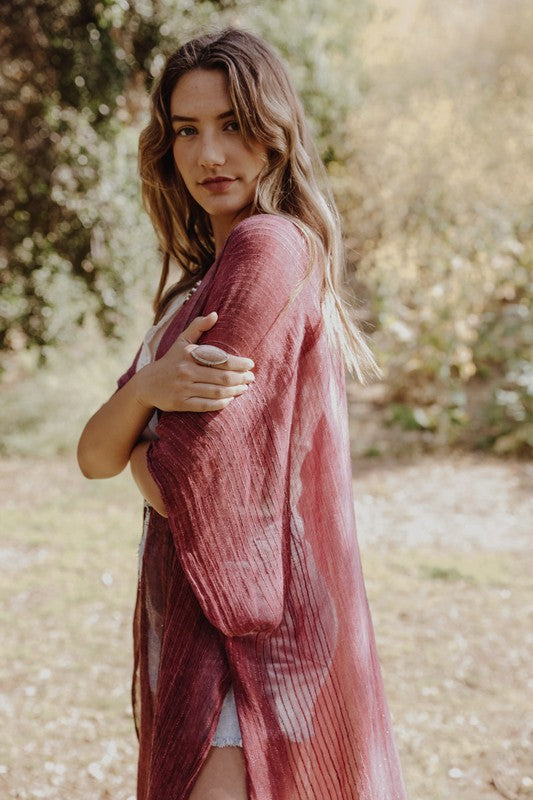 Knee Length Pencil Stripe Lightweight Open Front Kimono with Short Sleeves