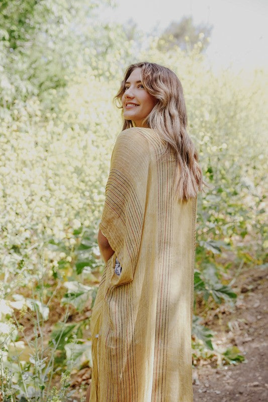 Knee Length Pencil Stripe Lightweight Open Front Kimono with Short Sleeves