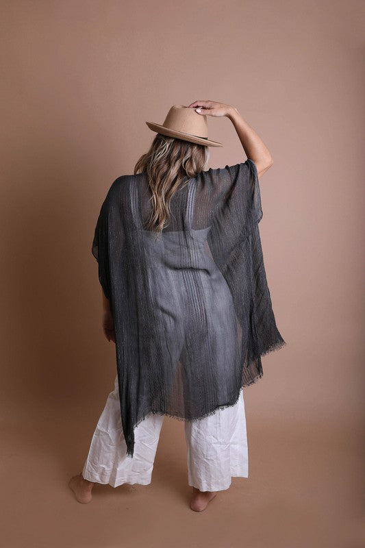 Knee Length Pencil Stripe Lightweight Open Front Kimono with Short Sleeves