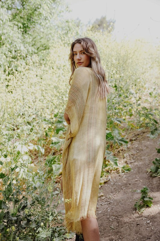 Knee Length Pencil Stripe Lightweight Open Front Kimono with Short Sleeves