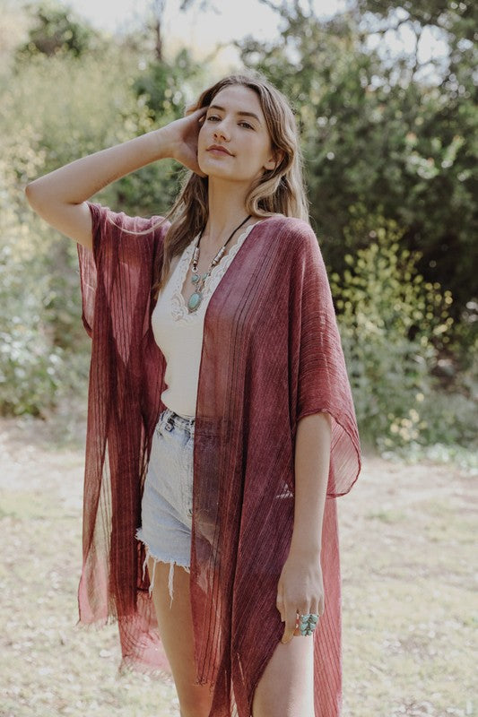Knee Length Pencil Stripe Lightweight Open Front Kimono with Short Sleeves