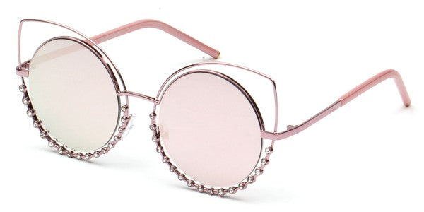 Women Round Cat Eye Sunglasses Pearl Frame Mirrored Lenses UV Protection