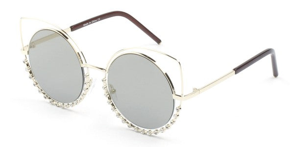 Women Round Cat Eye Sunglasses Pearl Frame Mirrored Lenses UV Protection