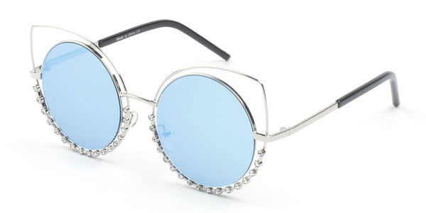 Women Round Cat Eye Sunglasses Pearl Frame Mirrored Lenses UV Protection
