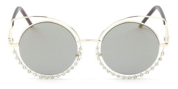 Women Round Cat Eye Sunglasses Pearl Frame Mirrored Lenses UV Protection