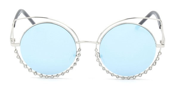 Women Round Cat Eye Sunglasses Pearl Frame Mirrored Lenses UV Protection