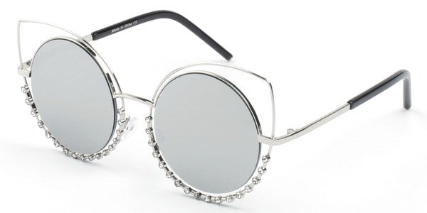 Women Round Cat Eye Sunglasses Pearl Frame Mirrored Lenses UV Protection