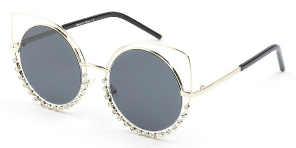 Women Round Cat Eye Sunglasses Pearl Frame Mirrored Lenses UV Protection