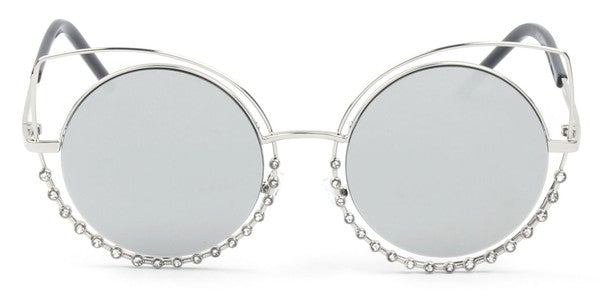Women Round Cat Eye Sunglasses Pearl Frame Mirrored Lenses UV Protection
