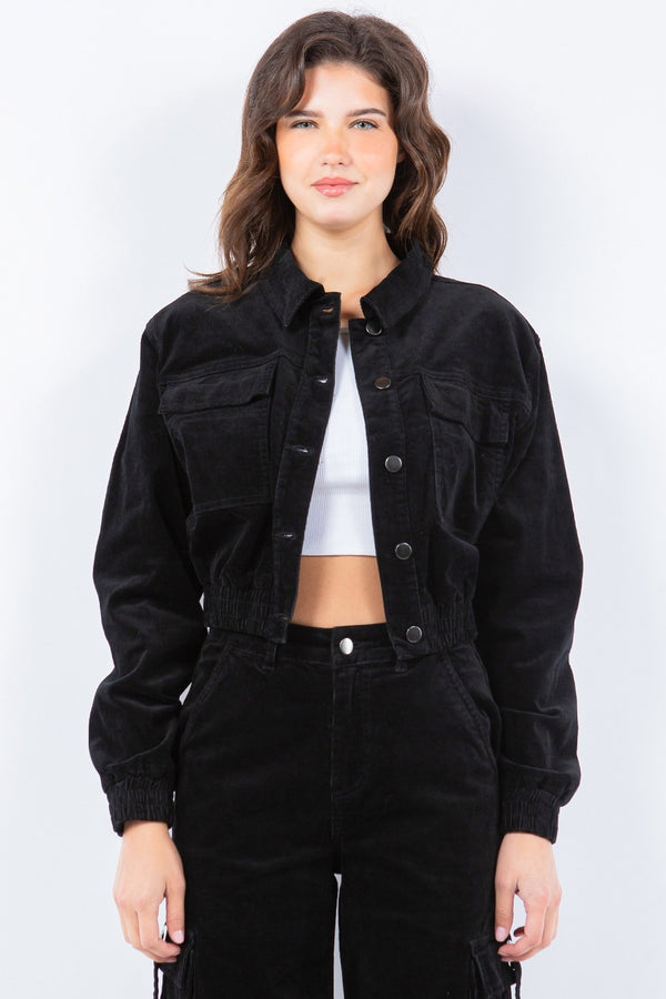 Cropped Corduroy Jacket Button-Up Ruched Design Relaxed Fit Imported