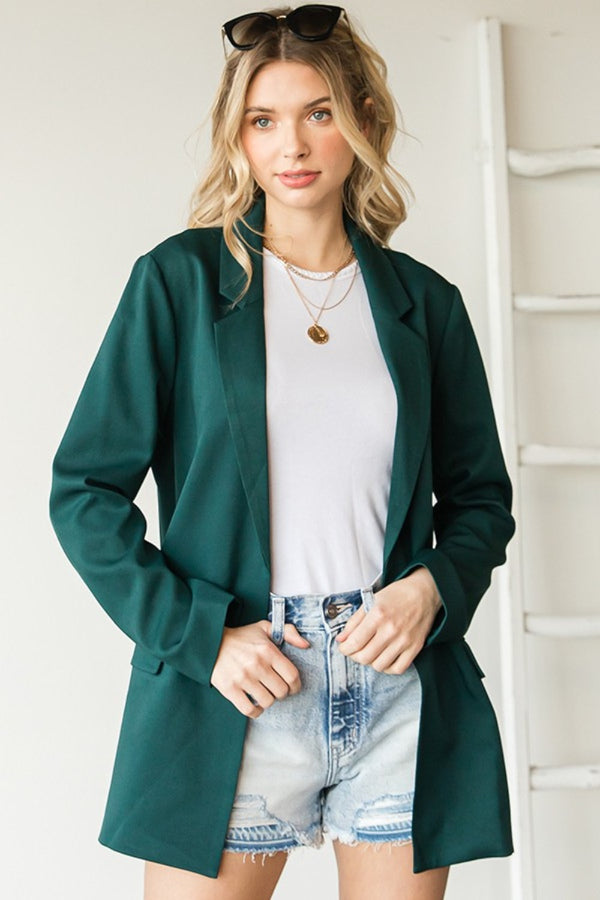 Open Front Long Sleeve Blazer with Pockets for Women in Solid Color