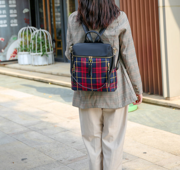 Petite-Fit MKF Nishi tartan plaid convertible backpack with gold-tone hardware and padded straps
