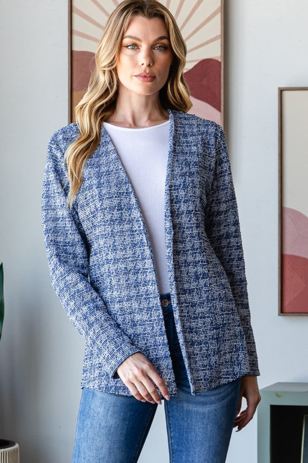 Houndstooth Tweed Open Front Blazer Women's Casual Cardigan Jacket