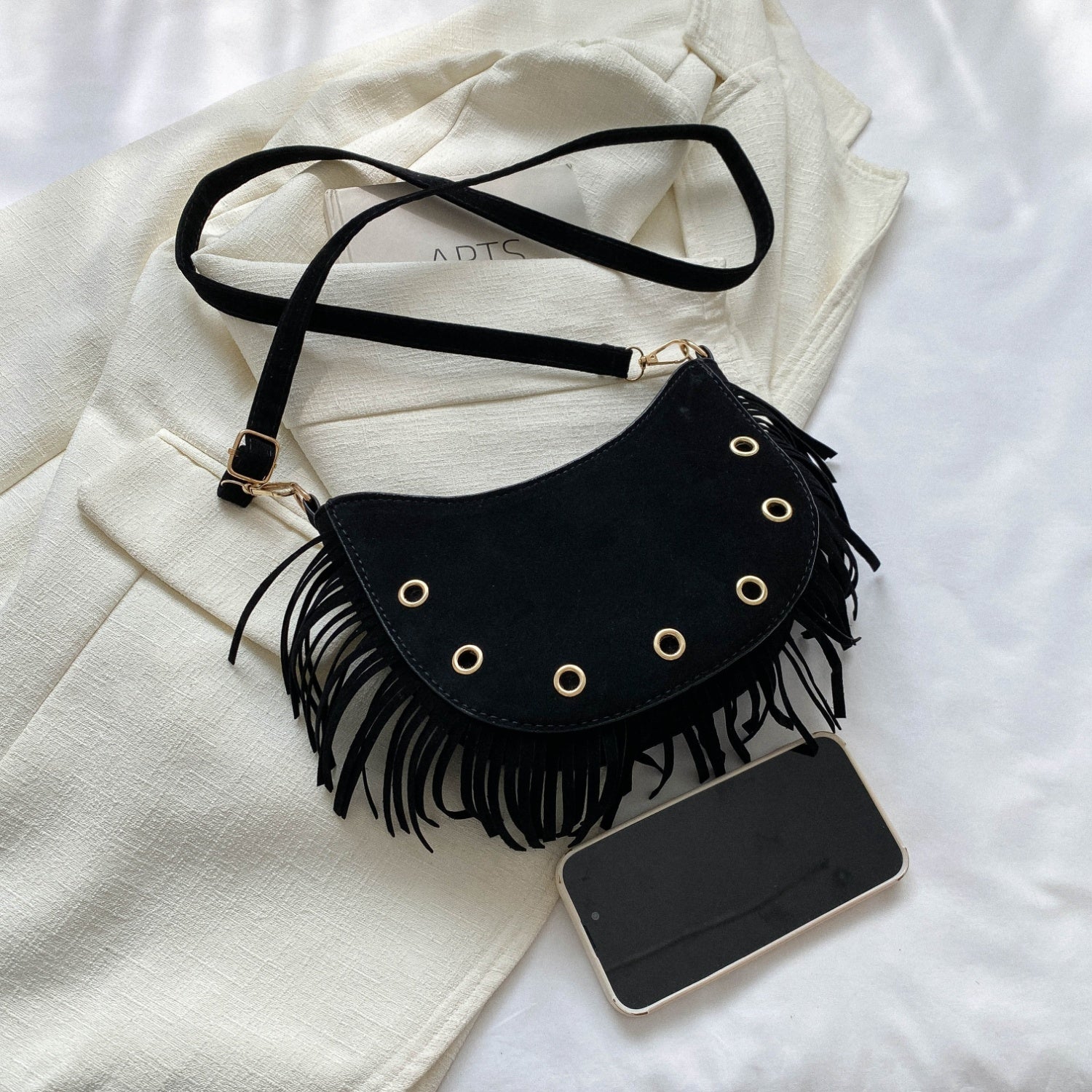 Fringe Detail Suede Leather Crossbody Bag - Add a touch of western flair!