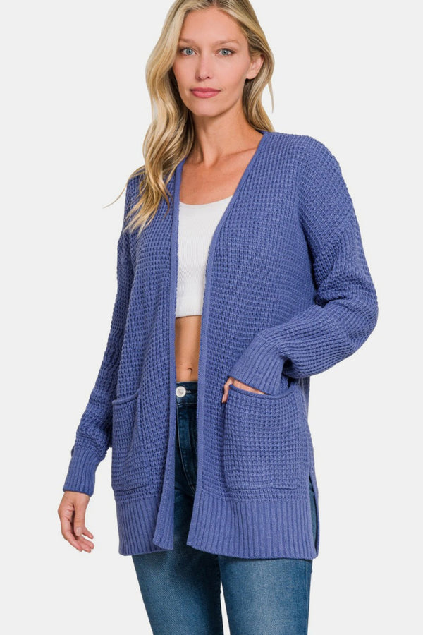 Midweight Acrylic Waffle Knit Open Front Cardigan with Pockets