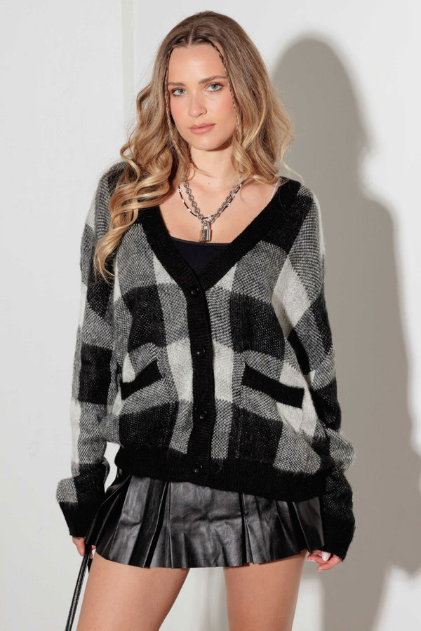 Acrylic V-Neck Cardigan with Checkered Pattern and Pockets for Women