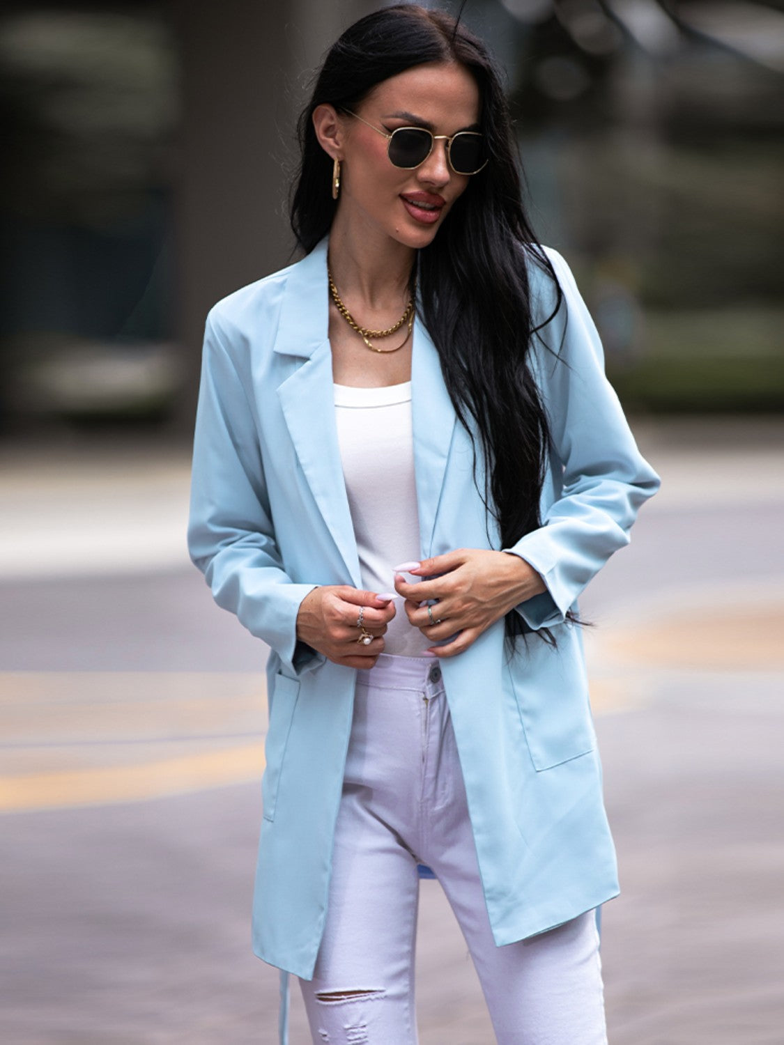 Shiny Tie Waist Long Sleeve Blazer Women's Cardigan Jacket Outwear