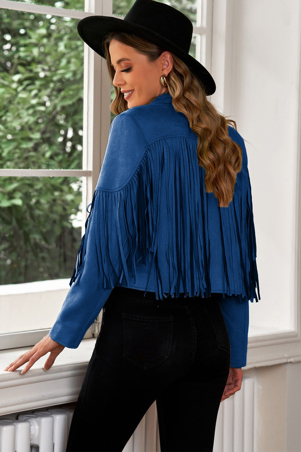 Fringe Trim Lapel Collar Cropped Blazer Cardigan Jacket Women's Outerwear Suit