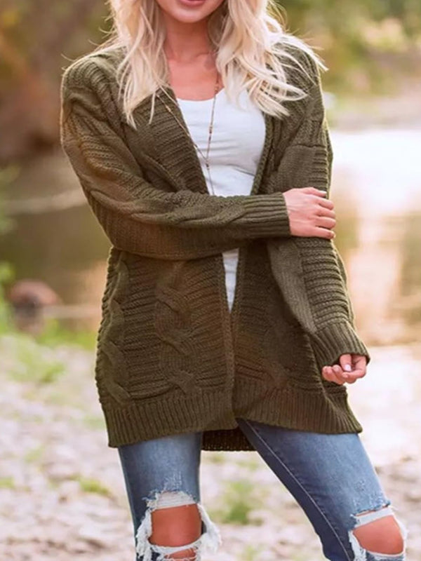 Polyester Cable-Knit Open Front Cardigan with Stretchy Long Sleeves