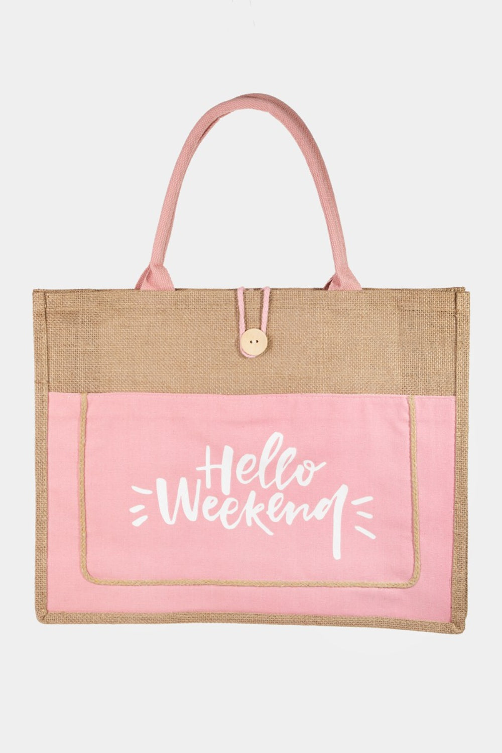 Fame Hello Weekend Burlap Tote Bag - Versatile and practical!