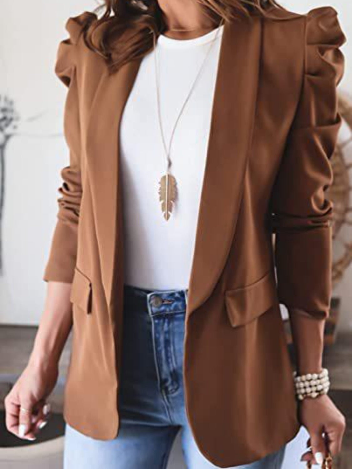 Collared Puff Sleeve Blazer Women's Suit Jacket Cardigan Outwear Tops