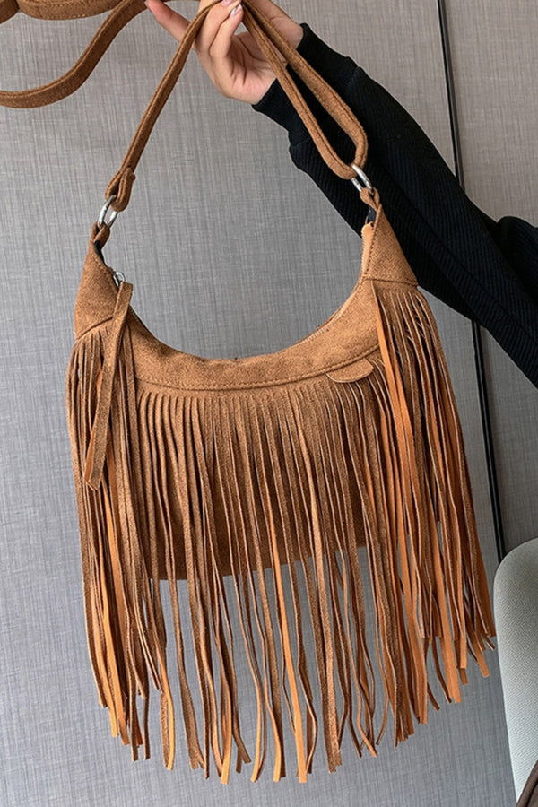 Suede Fringe Adjustable Strap Shoulder Bag - Bohemian Chic Flavor!