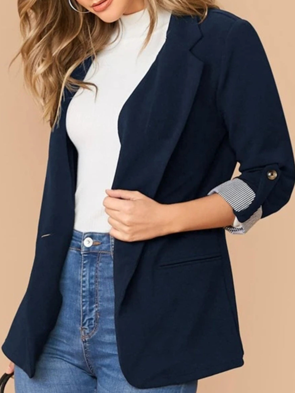 Lapel Collar Roll-Tab Sleeve Blazer Women's Comfortable Polyester-Spandex, S-XL