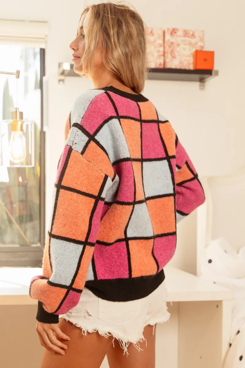BiBi Oversized Multi Color Checker Pattern Sweater for Women, Slightly ...