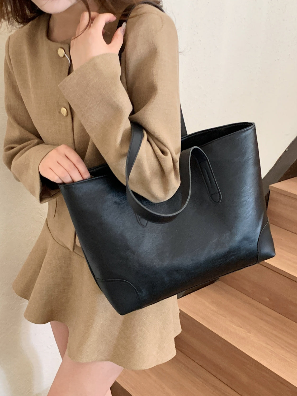 Vegan Leather Medium Tote Bag - Timeless design and neutral color!