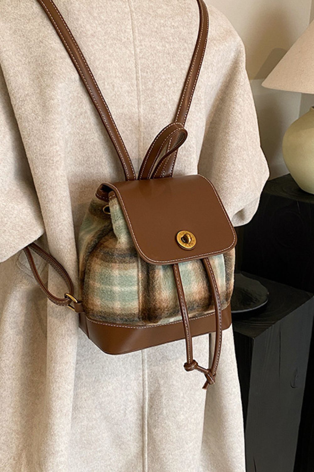 Vegan Leather Drawstring Plaid Backpack Bag - Effortless Portability!