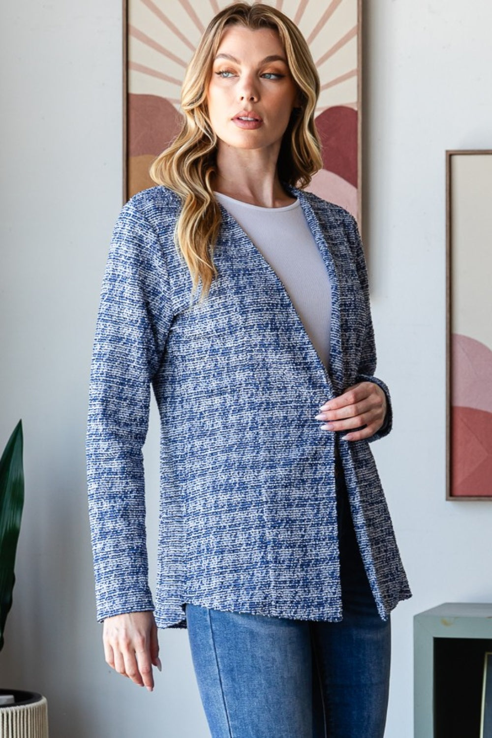 Houndstooth Tweed Open Front Blazer Women's Cardigan Jacket Suit Vest Outwear