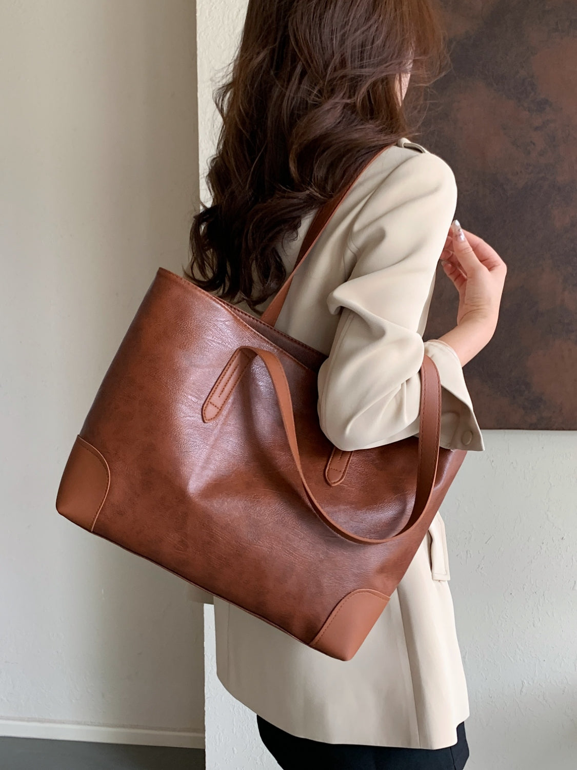 Vegan Leather Medium Tote Bag - Timeless design and neutral color!