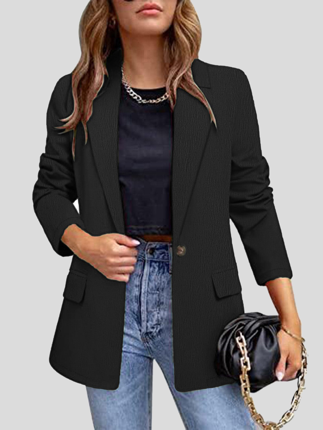 Lapel Collar Long Sleeve Blazer, Women's Buttoned, Polyester-Spandex, S-XL