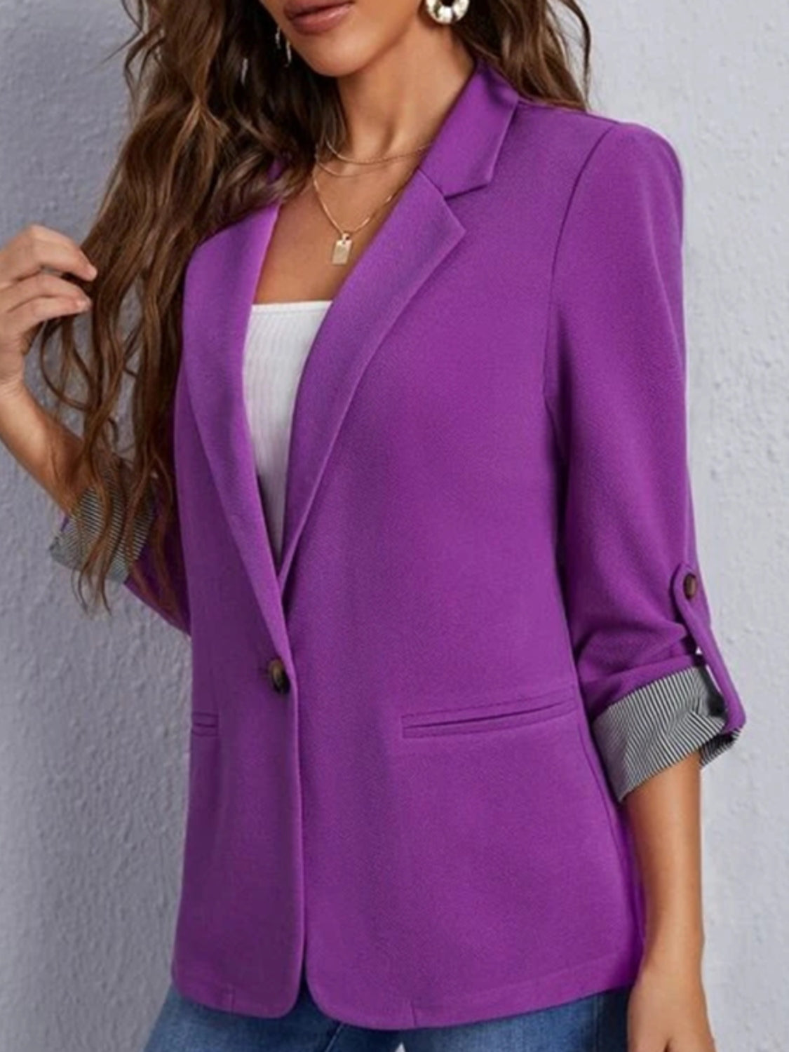 Lapel Collar Roll-Tab Sleeve Blazer Women's Comfortable Polyester-Spandex, S-XL