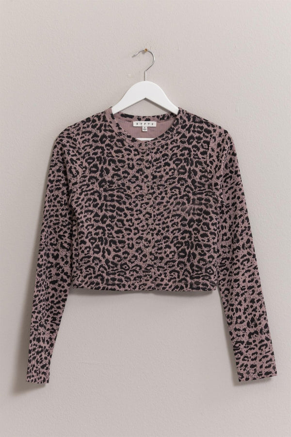 Animal Print Waffle Knit Snap Down Crop Cardigan Women's Polyester