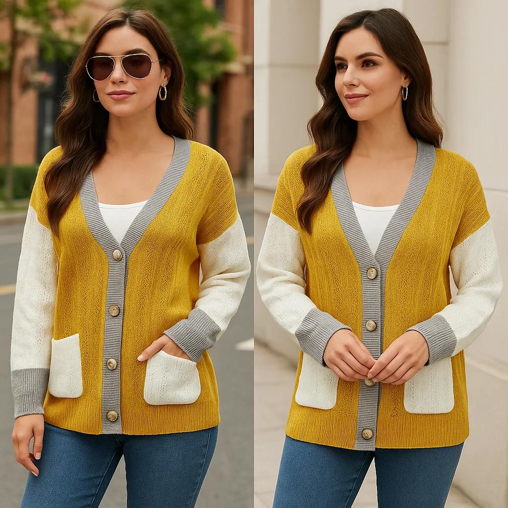 Mustard and ivory color block cable-knit cardigan with button closure and front pockets