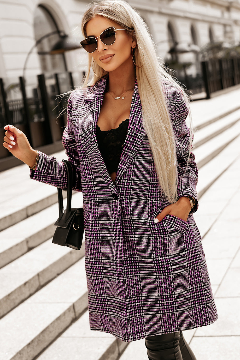 Plaid Lapel Collar Longline Blazer Women's Cardigan Jacket Women's Cardigan