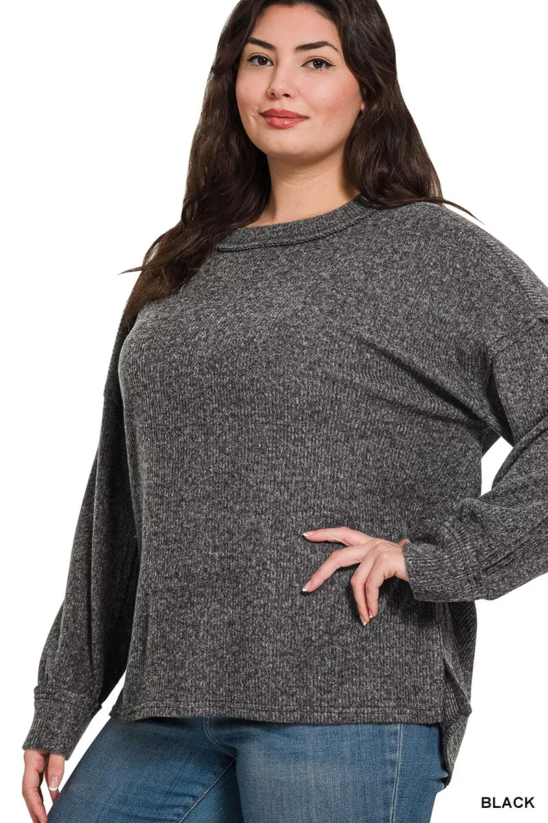 Zenana Plus Size Brushed Ribbed Hacci Oversized Drop Shoulder Sweater ...
