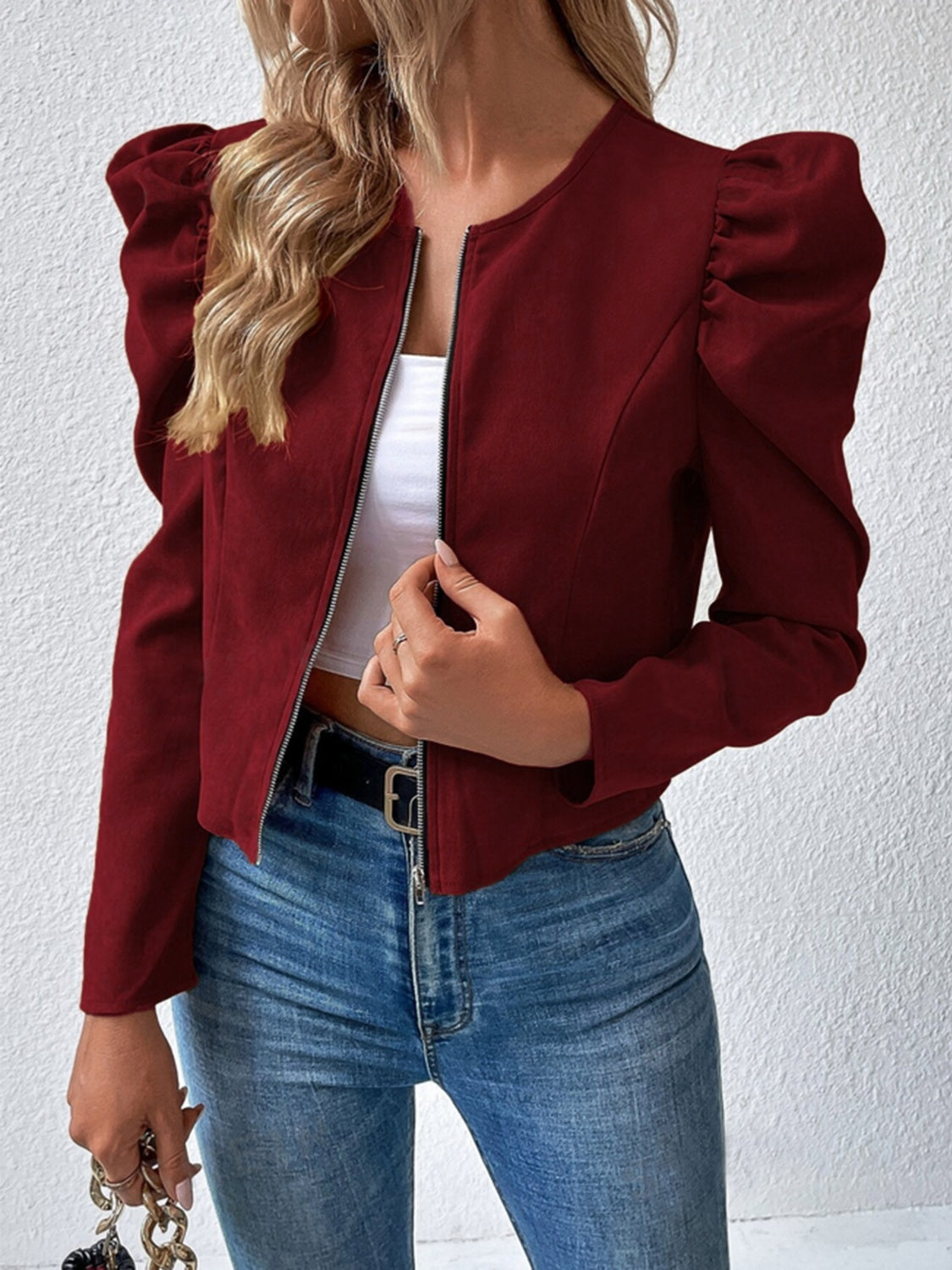 Women's Lightweight Zip Jacket with Puff Sleeves and Versatile Fit