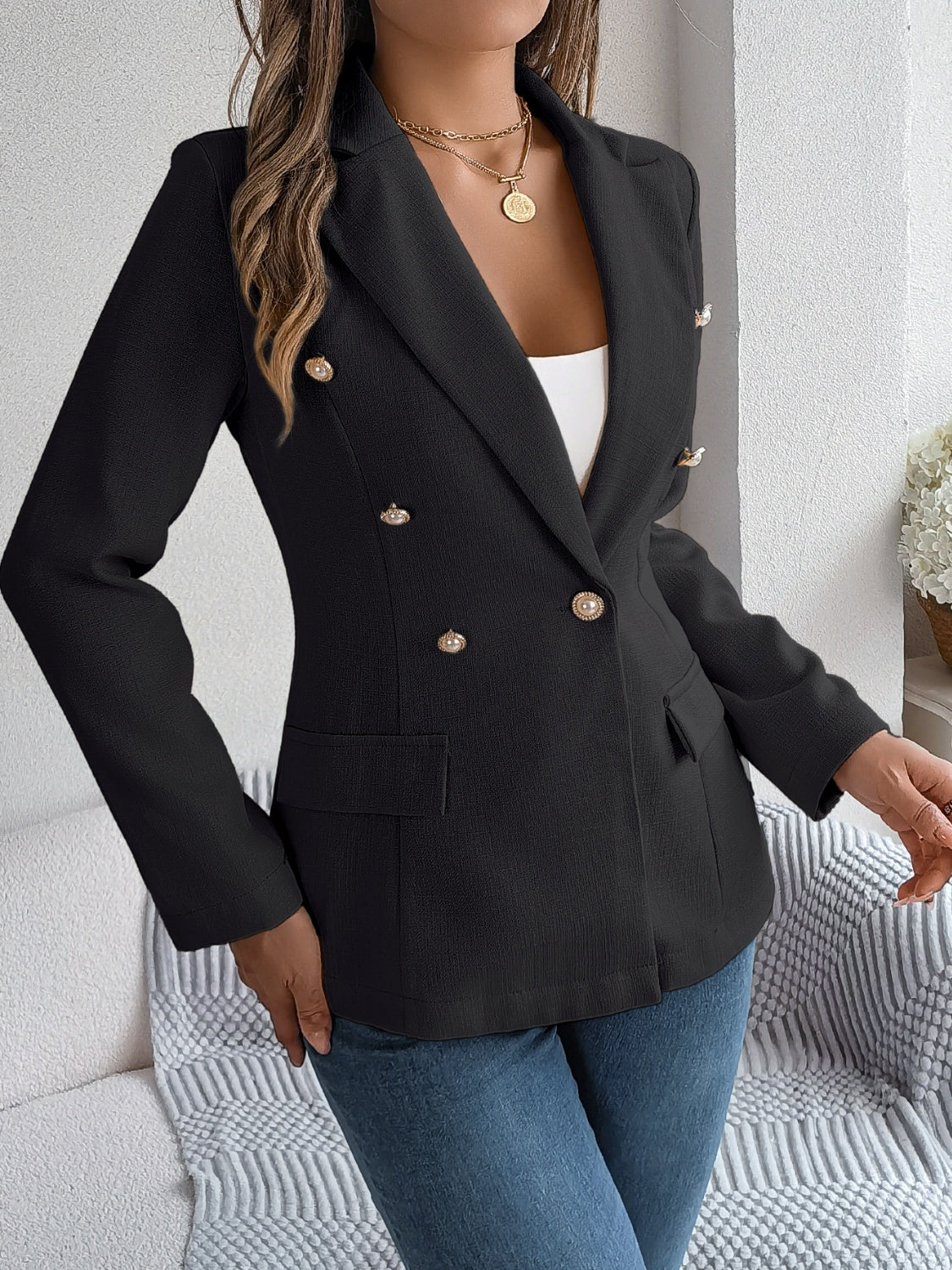 Decorative Pocket Flap Lapel Collar Long Sleeve Blazer